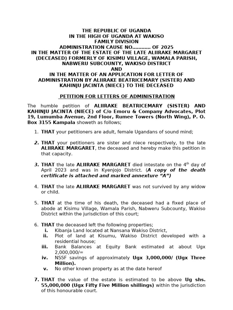 Jacinta Application For Letters of Administration | PDF | Probate ...