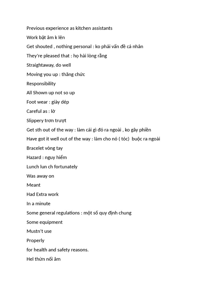 Previous Experience As Kitchen Assistants | PDF