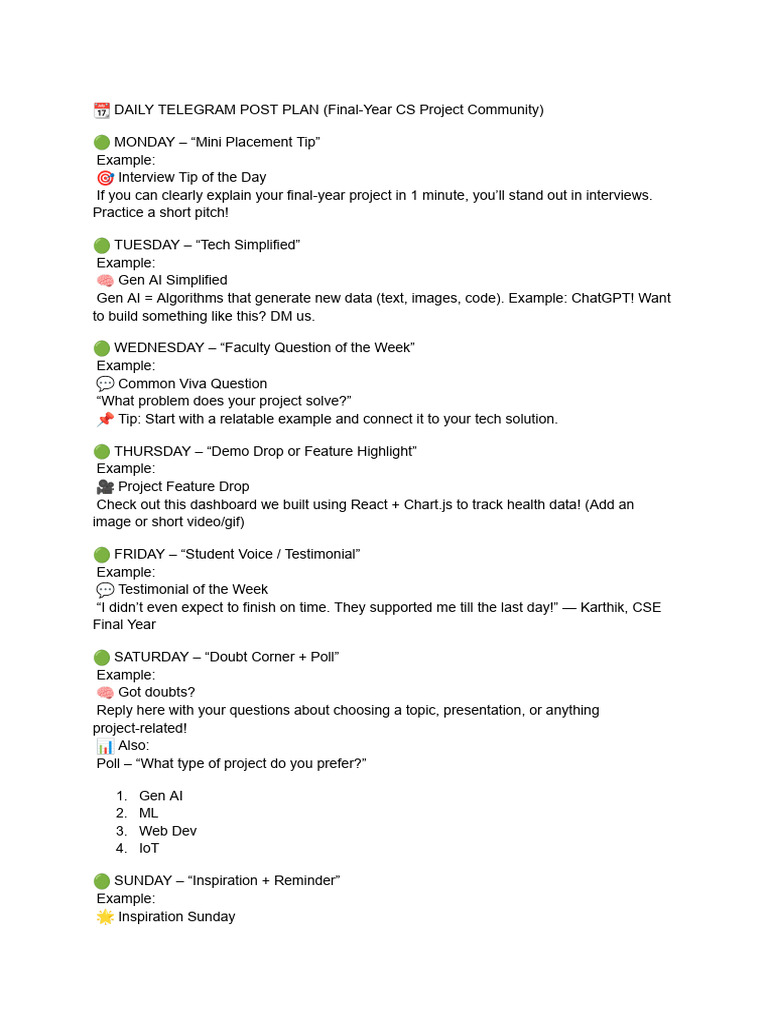 Daily Telegram Post Plan for CS Students | PDF