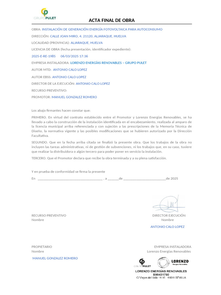 Acta Final Instalación Fotovoltaica | PDF