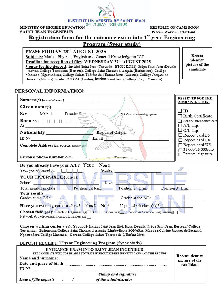 Saint Jean Ingenieur Entrance Exam Registration | PDF