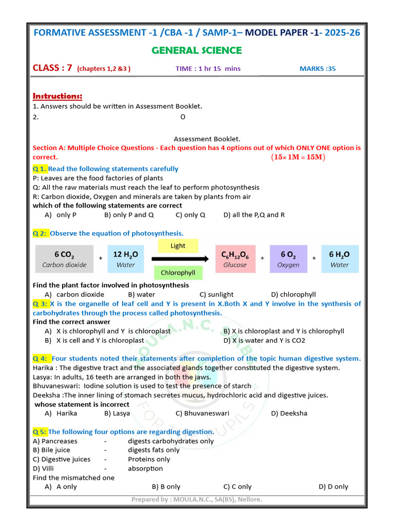 Class 7 General Science Model Paper | PDF | Digestion | Photosynthesis