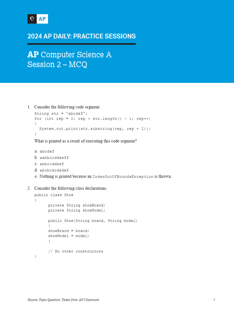 AP Computer Science A Practice Questions | PDF