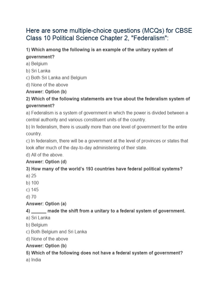 MCQs on Federalism for Class 10 | PDF