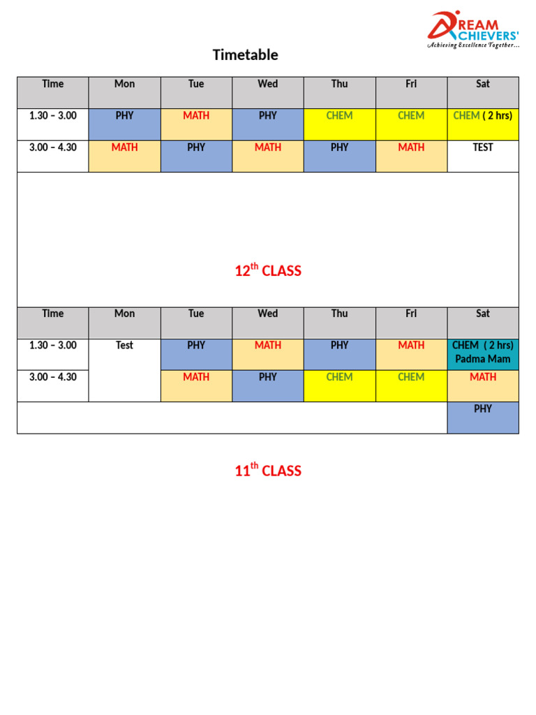 Timetable: 12 Class | PDF