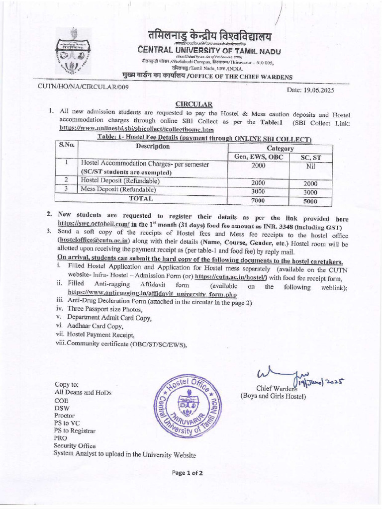 CUTN Hostel Mess New Admission Circular 2025 26 - 19062025 | PDF