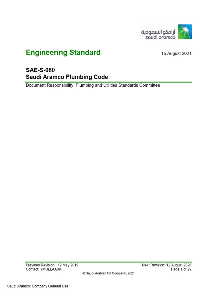 Saudi Aramco Plumbing Code SAES-S-060 | PDF | Water Heating | Pipe ...