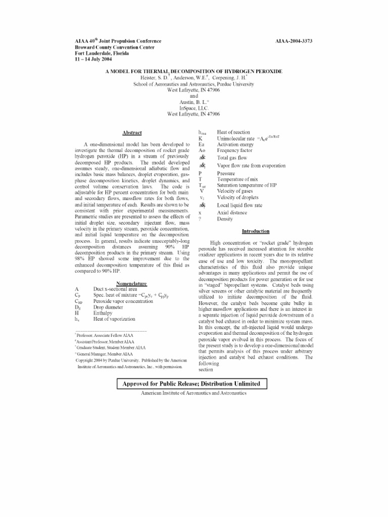 Thermal Decomposition Model for Hydrogen Peroxide | PDF | Evaporation ...