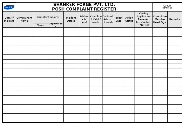 POSH Complaint Register Template | PDF