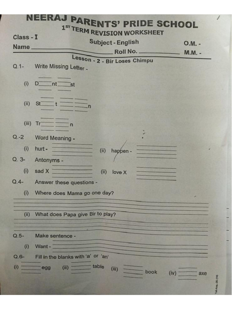Class 1 Work Sheet | PDF