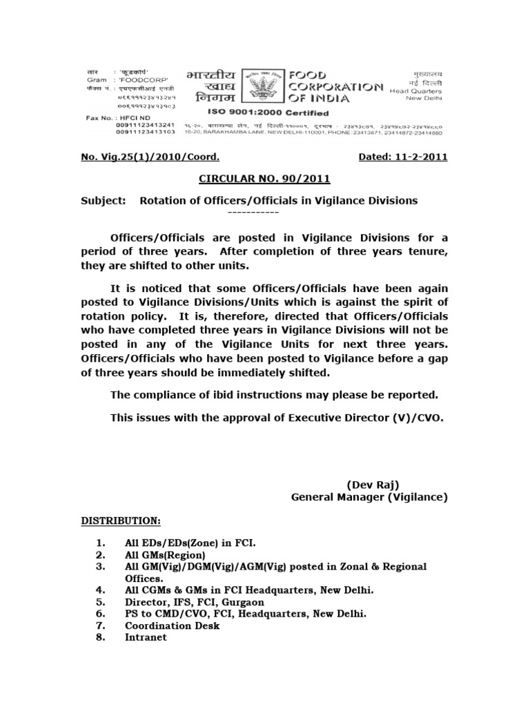 Vigilance Division Officer Rotation Policy | PDF