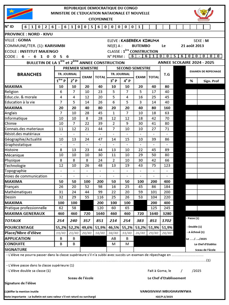 Bulletin Scolaire 2024-2025 RDC | PDF