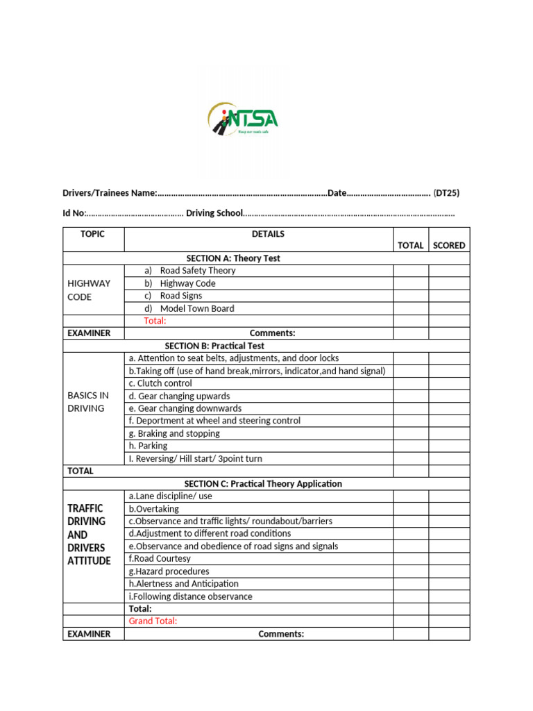 DT25 Driving Test Result Summary | PDF