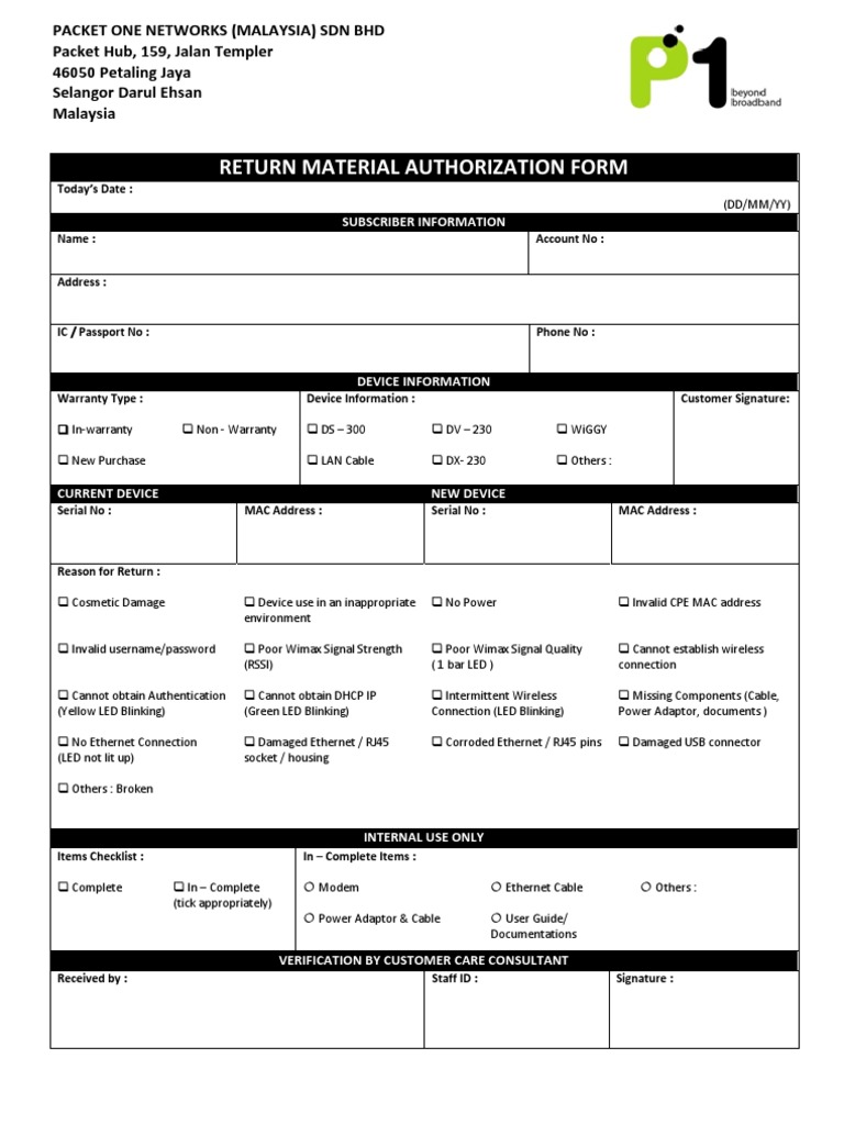 Return Material Authorization Form: Subscriber Information | PDF