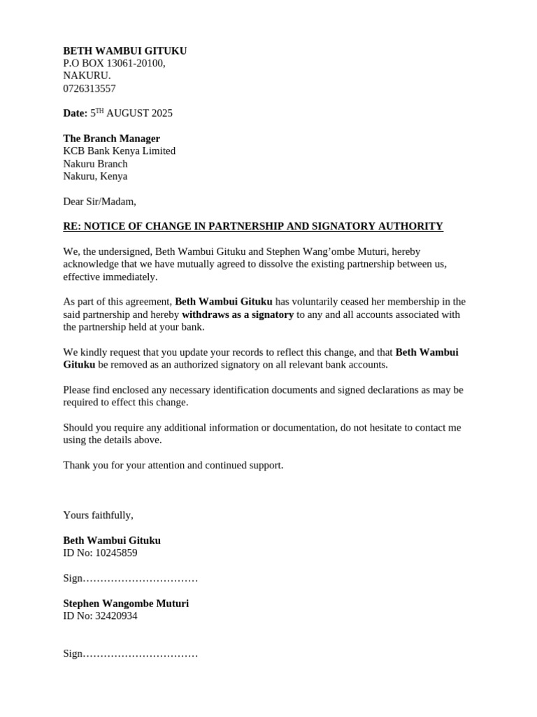 Notice of Partnership Dissolution and Signatory Change | PDF