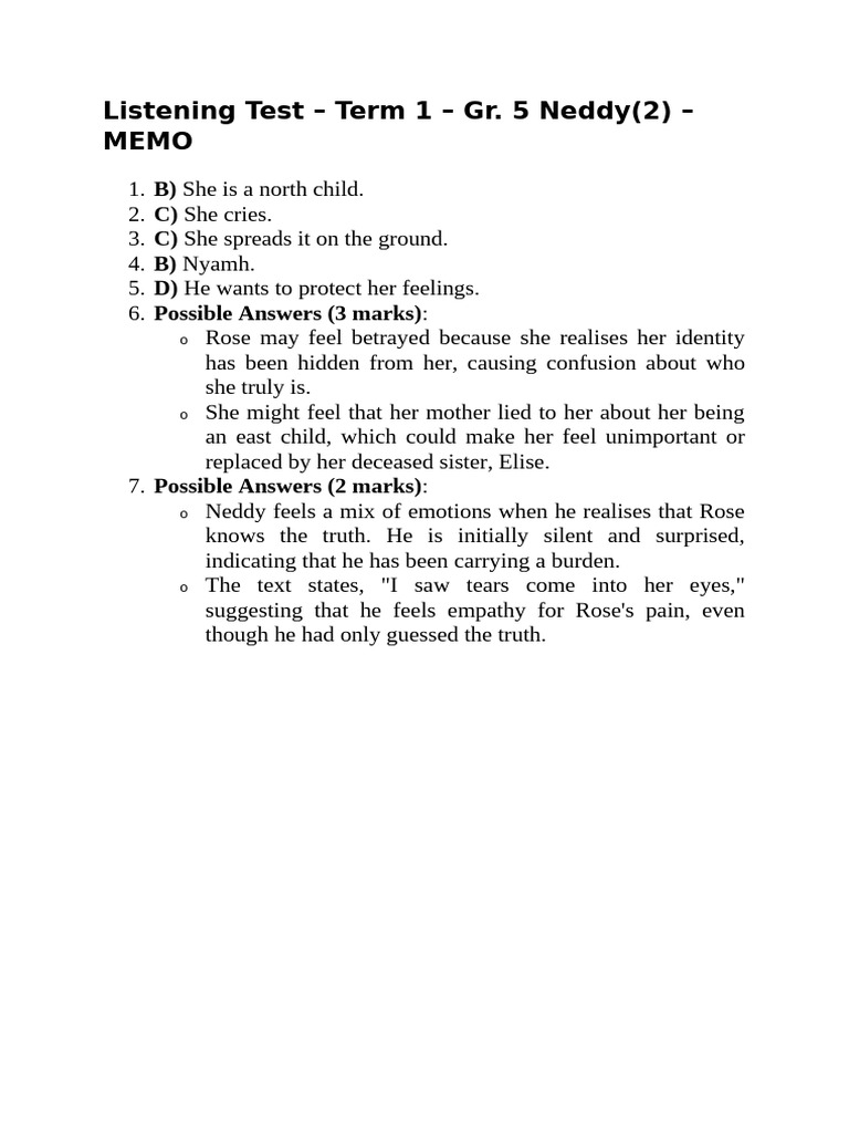 Listening Test Memo - Term 1 - Gr. 5 Neddy | PDF