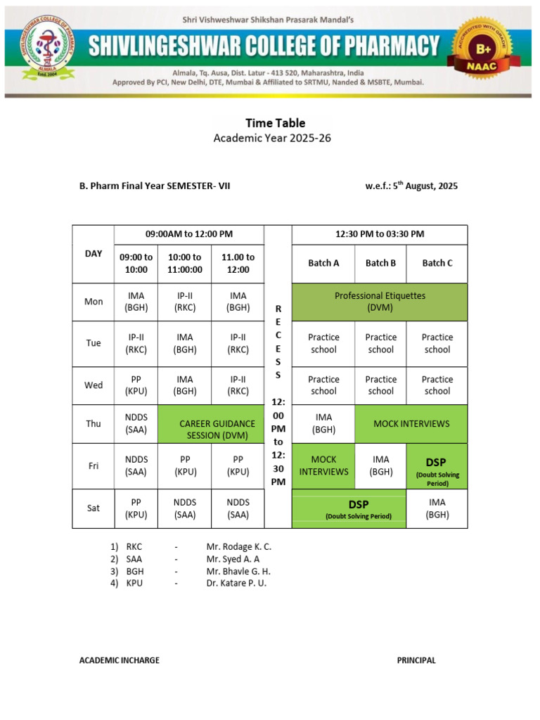 B. Pharm Final Year Time Table 2025 | PDF