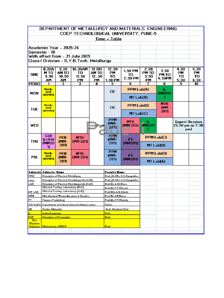Class Time Table - AY 2025 - 2026 Wef 21 July 2025 | PDF