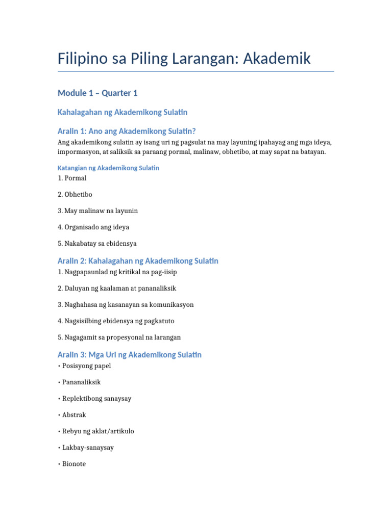 Filipino Piling Larangan Module1 | PDF