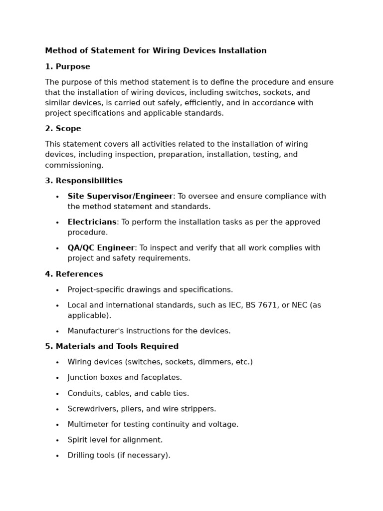 Wiring Devices Installation Method Statement | PDF | Electrical Wiring ...
