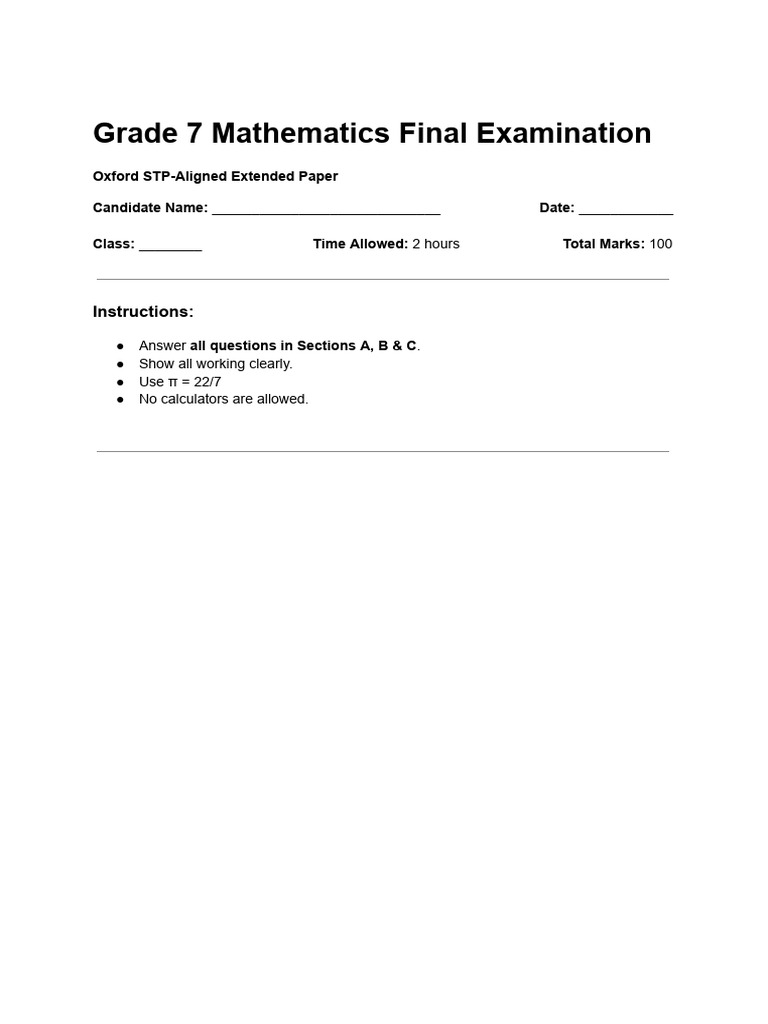 Grade 7 Maths Final Exam 2025 | PDF | Area | Circle