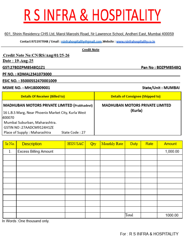 Credit Note 1 | PDF