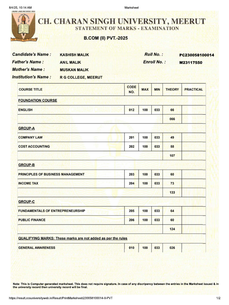 Bcom Result 2 Year | PDF