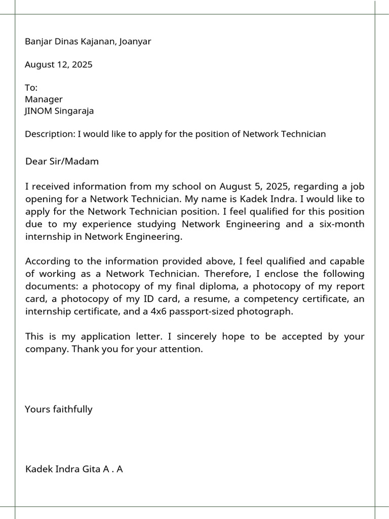 Network Technician Application Letter | PDF