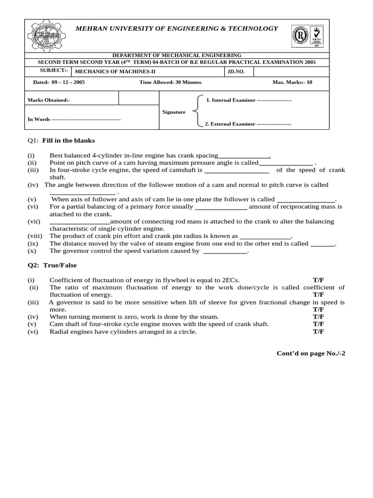 Mechanics of Machine-II (ME) Question Paper 2005 | PDF | Physics ...