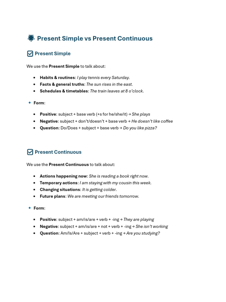 Present Simple vs Continuous Grammar Guide | PDF