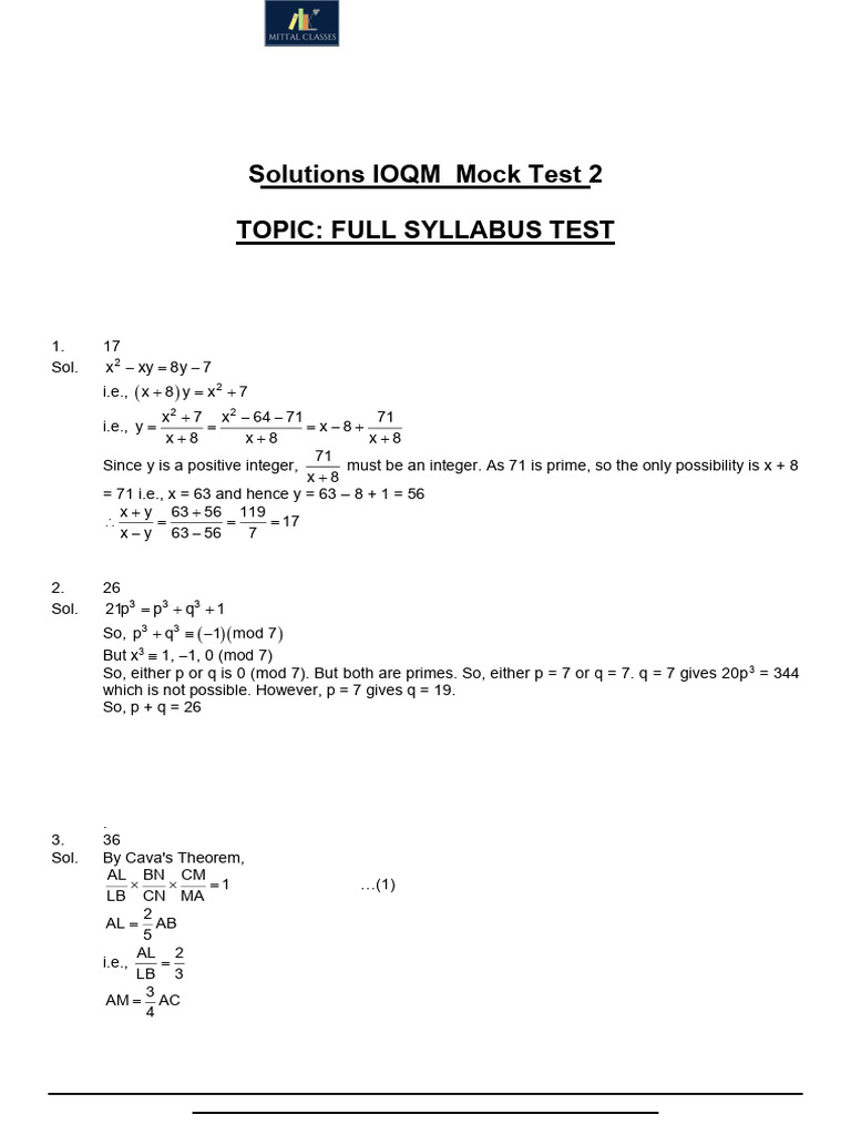IOQM Practice Mock Test 2 Solutions | PDF | Mathematics | Discrete ...