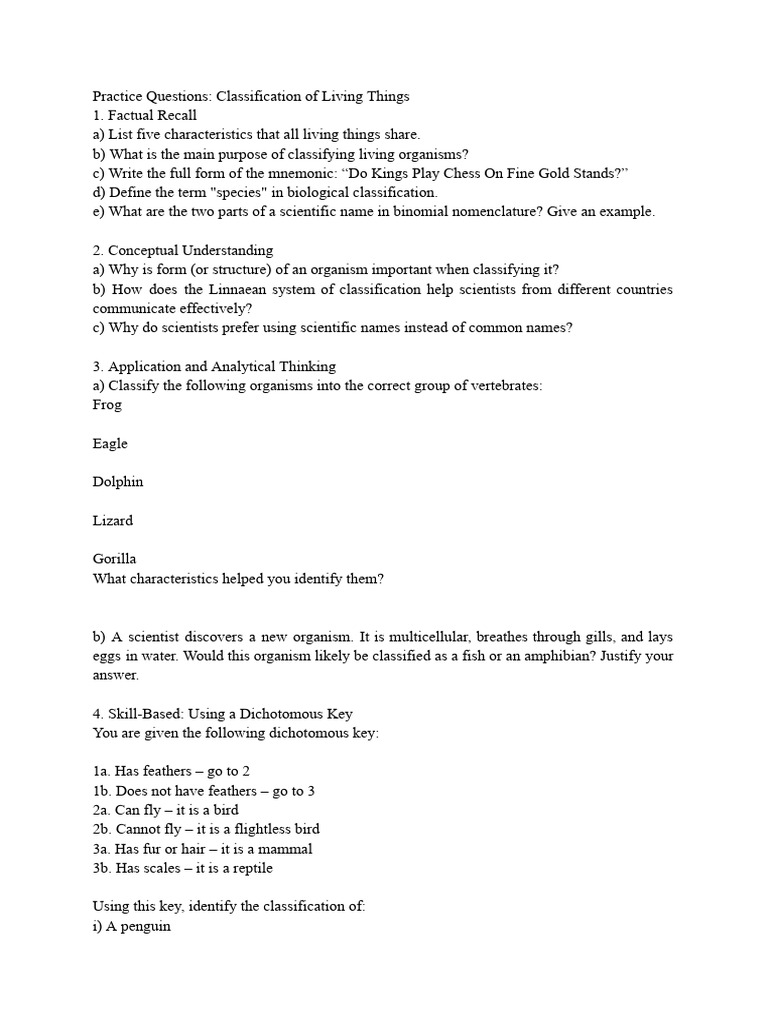 Classification of Living Things Practice | PDF