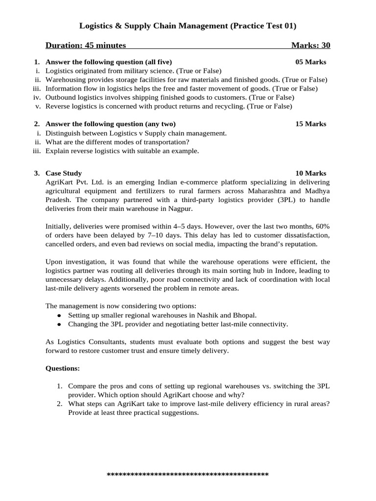 30m LSCM Test Paper 01 | PDF | Logistics | Warehouse