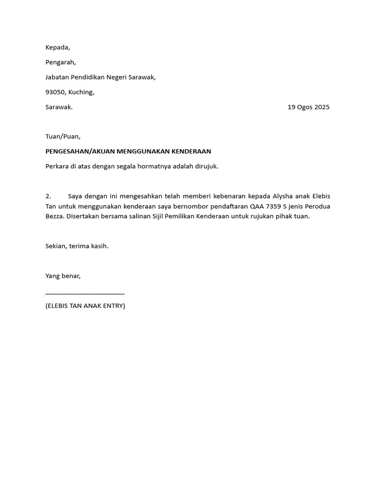 Surat Kebenaran Menggunakan Kenderaan | PDF