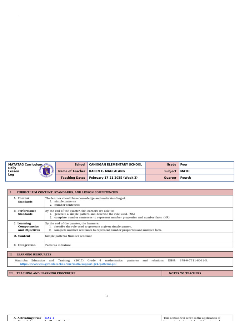 Grade 4 Math Lesson Plan: Patterns & Sentences | PDF | Learning | Numbers