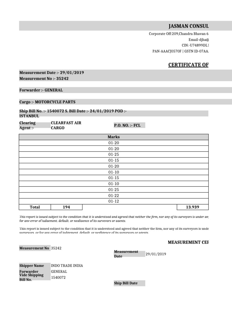 Measurement Certificate for Motorcycle Parts | PDF | Freight Transport