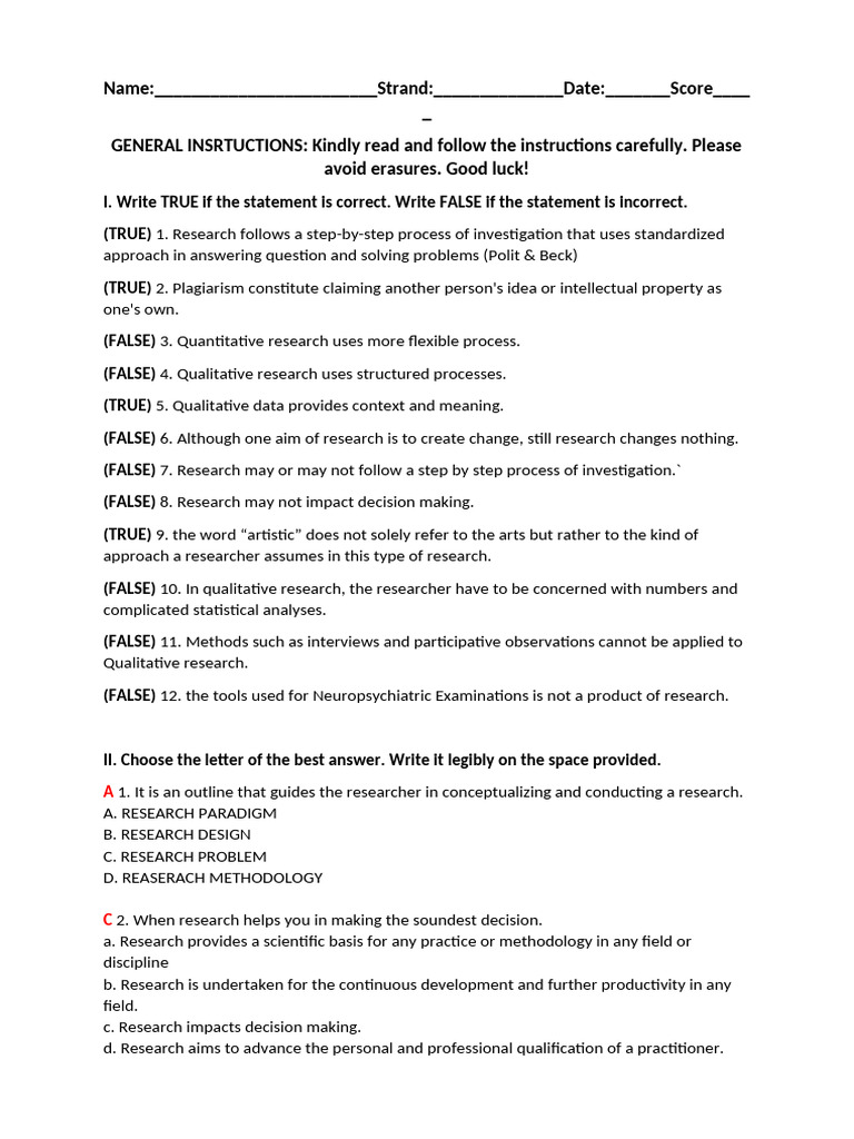 Research Methodology Assessment Quiz | PDF | Qualitative Research ...