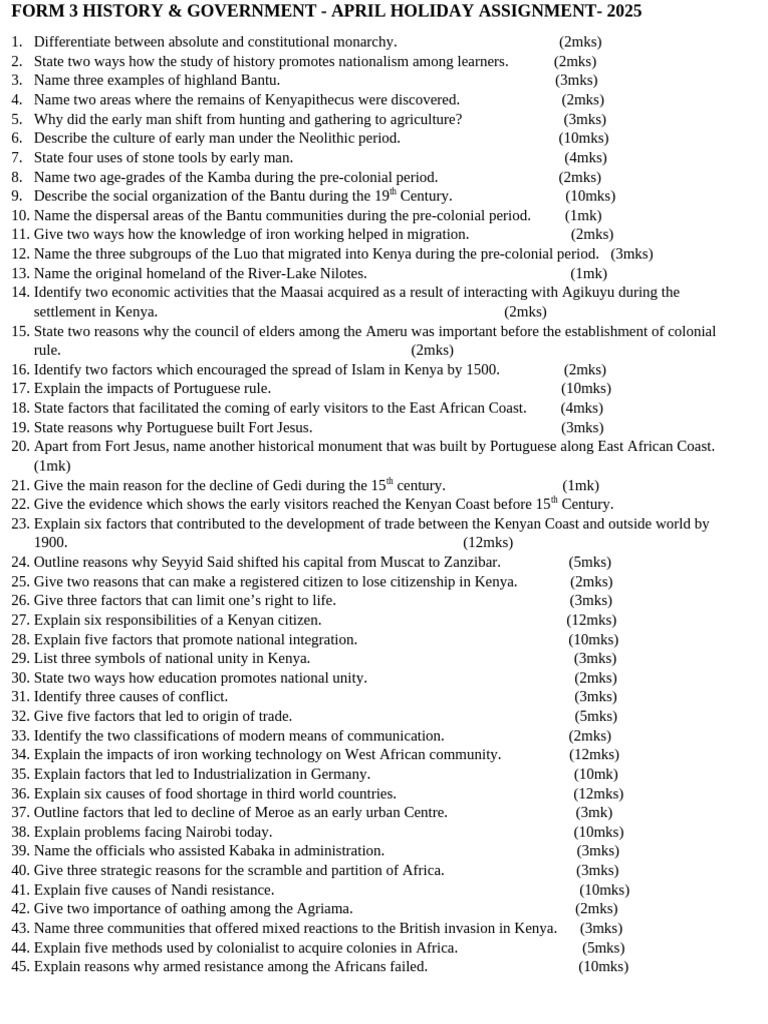 Form 3 History & Government Assignment | PDF | Kenya | East Africa