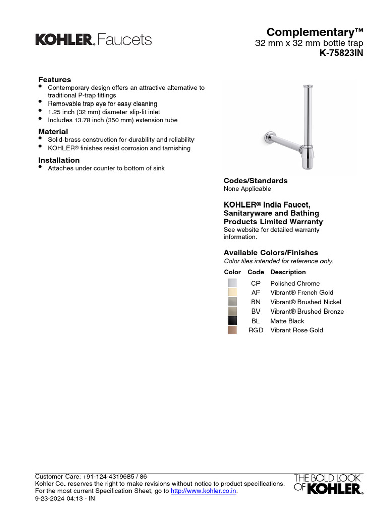 Kohler K-75823IN Bottle Trap Overview | PDF | Metals | Materials