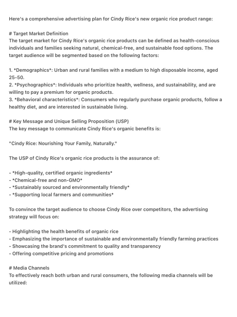 Here's A Comprehensive Advertising Plan For Cindy Rice's New Organic ...