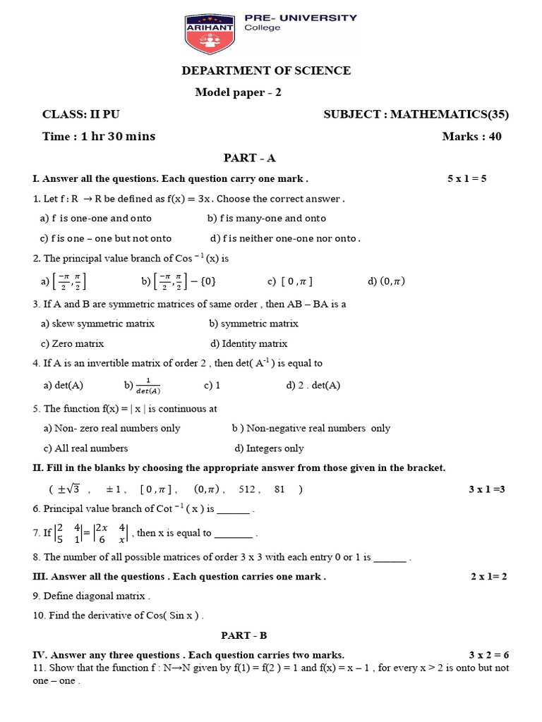 Mathematics Model Paper for Class II PU | PDF | Matrix (Mathematics ...