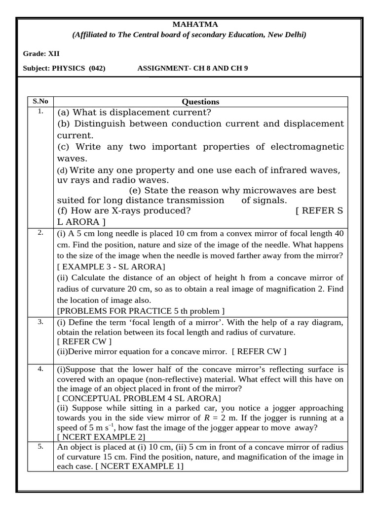 Physics Assignment: Displacement Current & Mirrors | PDF