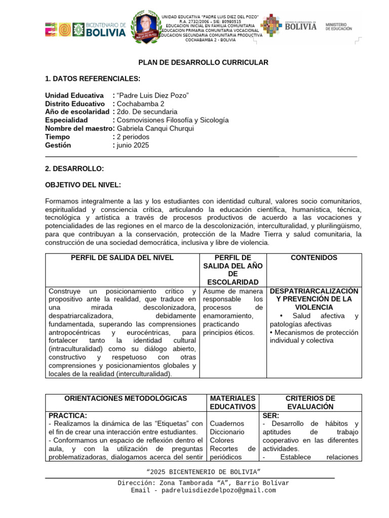 Plan Curricular 2do Secundaria 2025 | PDF | Educación de la primera ...