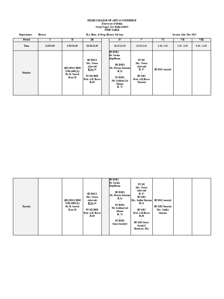 Delhi College History 5th Sem Timetable | PDF