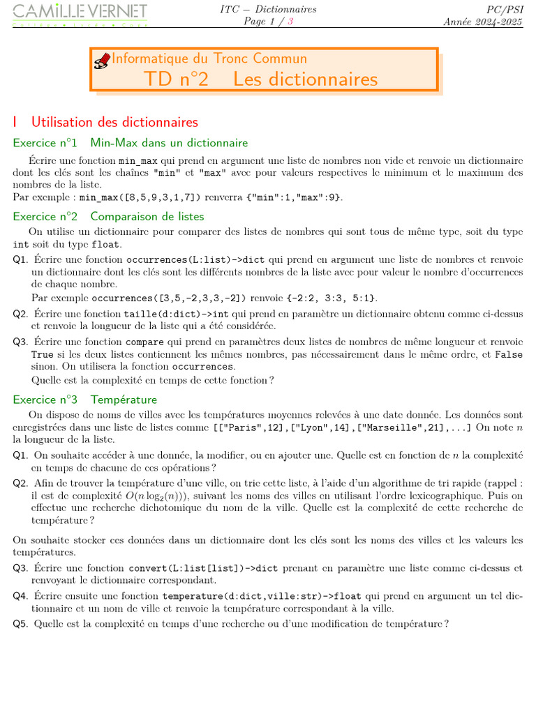 Exercices sur les dictionnaires en Python | PDF | Matrice ...