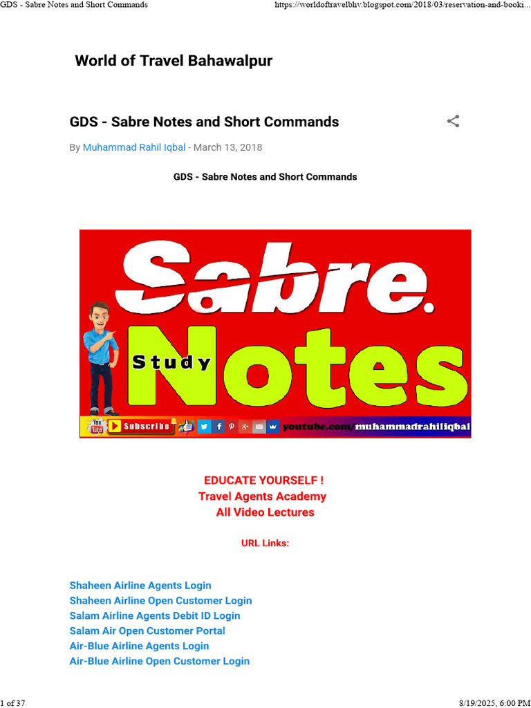 GDS - Sabre Notes and Short Commands | PDF