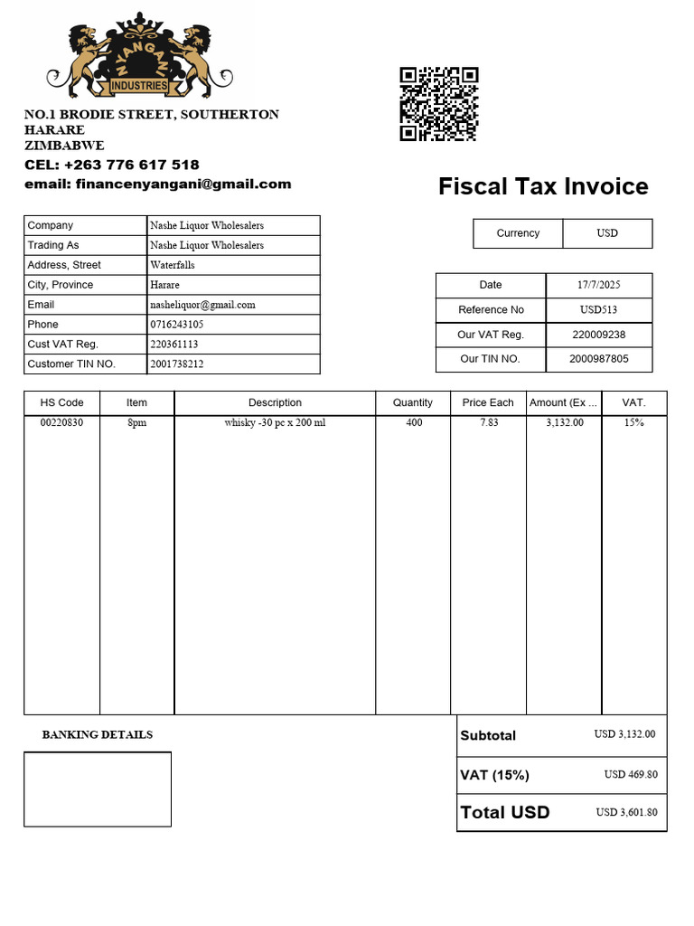 Zimra Fiscal Tax Invoice for Nashe Liquor | PDF