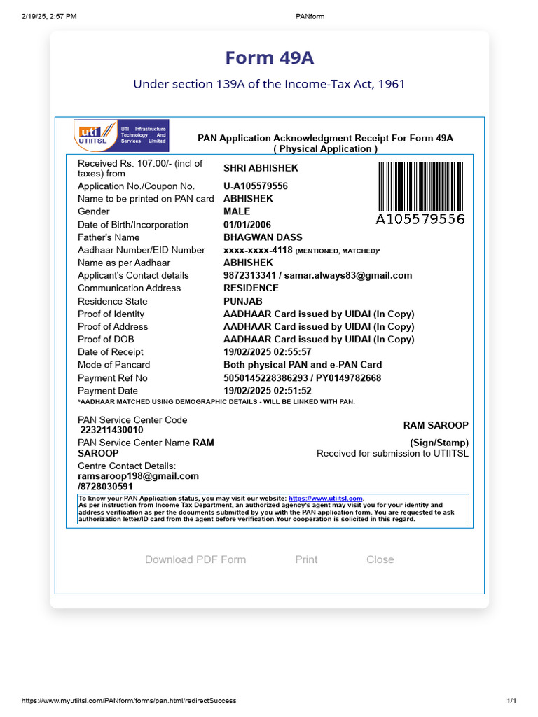 PAN Application Acknowledgment Receipt | PDF | Authentication ...