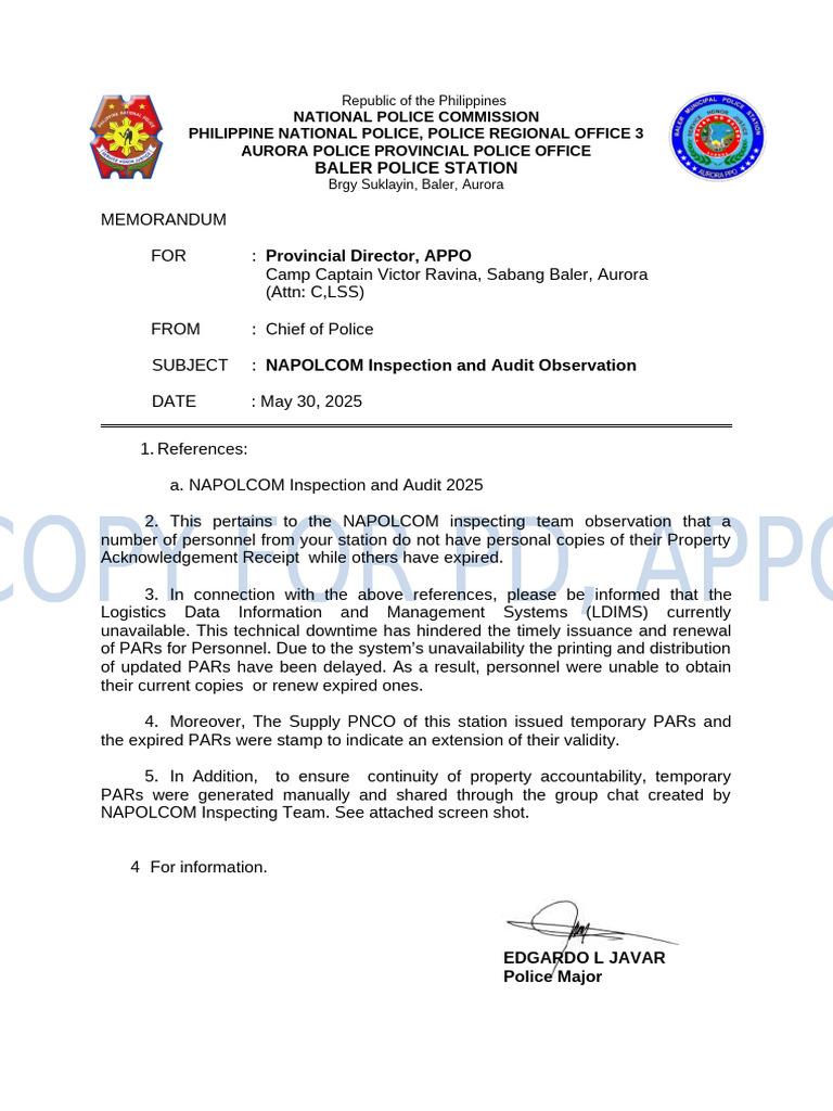 NAPOLCOM Inspection Audit Memo 2025 | PDF