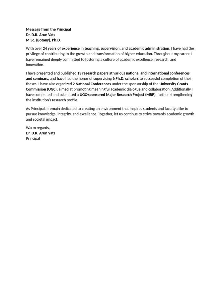 Message from Principal Dr. D.R. Vats | PDF